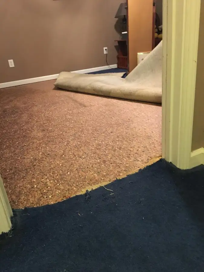 Carpet pad removal revealing water damage during Water Mitigation Services in Fredericksburg